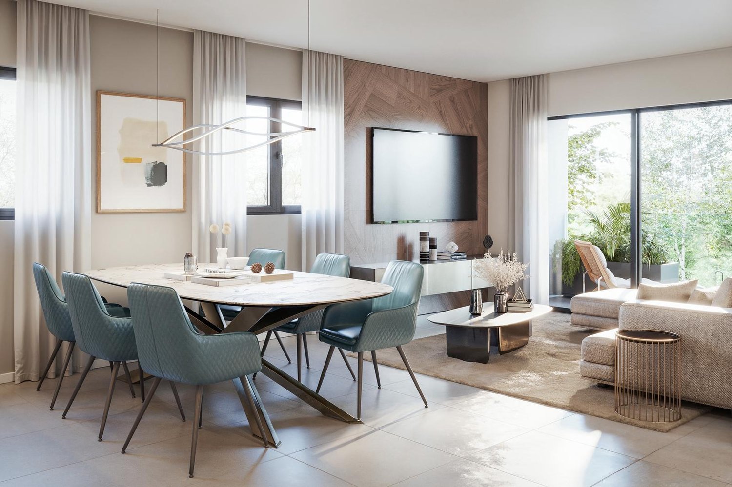 Dining area with a round marble table, blue chairs, a TV, and a large window with a view of trees outside