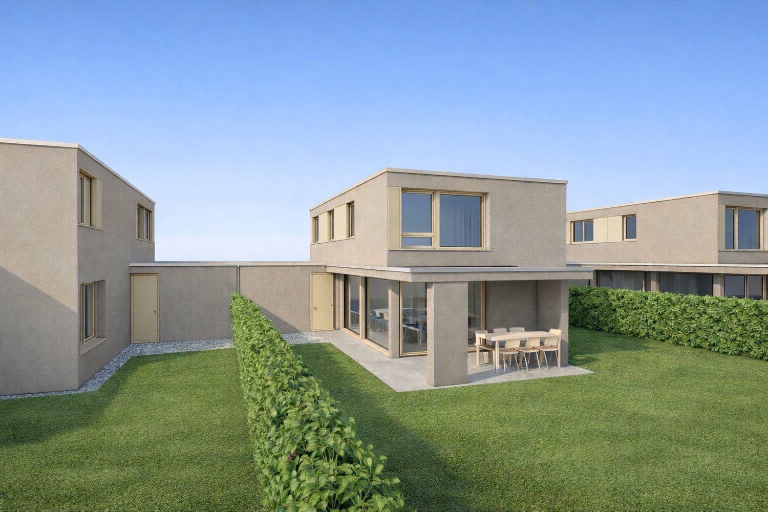 contemporary house, large windows, elevated terrace, two stories, green lawn, modern architecture