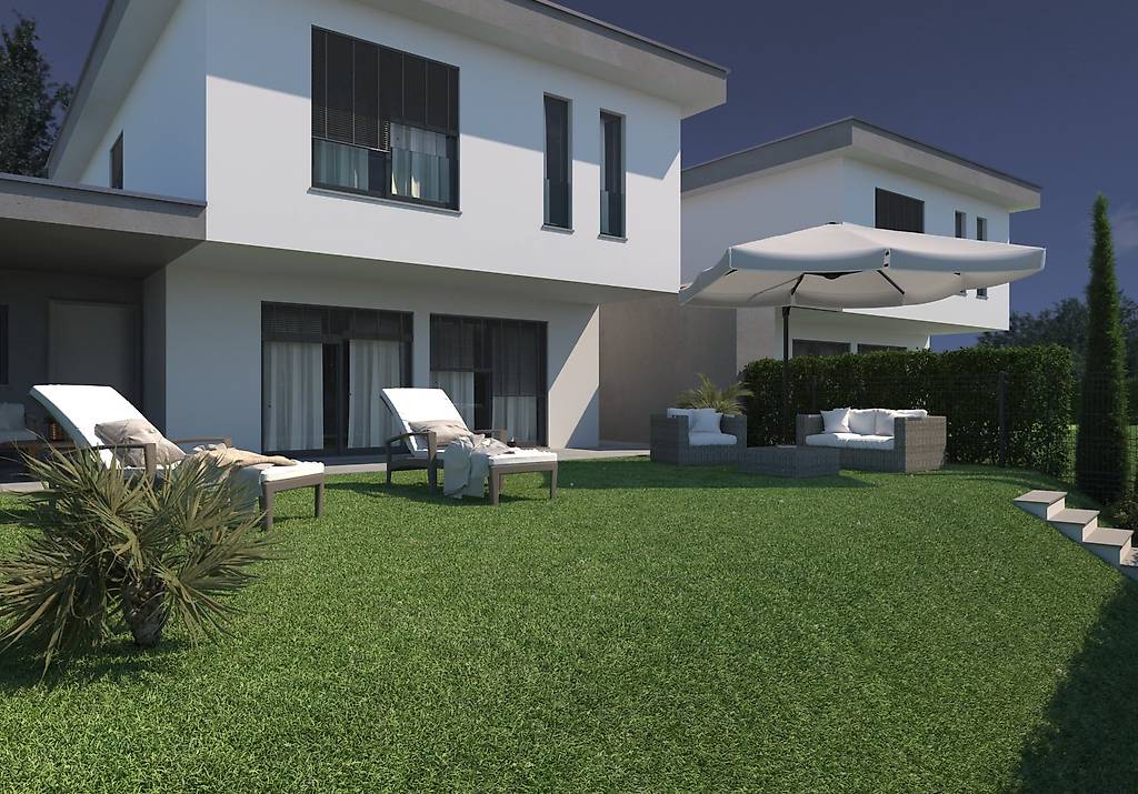 modern 2 story house, large white patio with fake grass, 2 loungers, 1 couch, 1 umbrella, steps leading up to patio