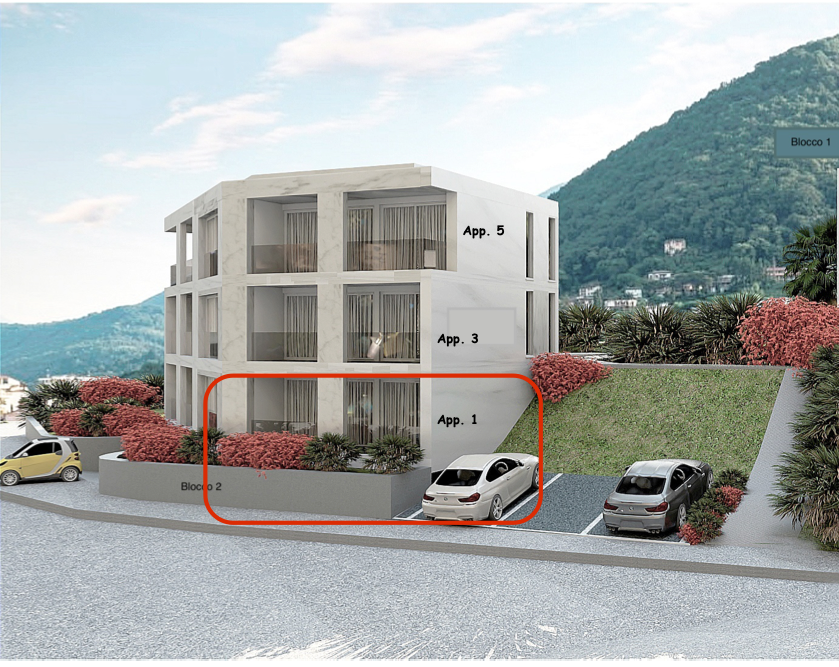 Apartment block, 5 floors, 5 apartments, parking area highlighted, landscaped area