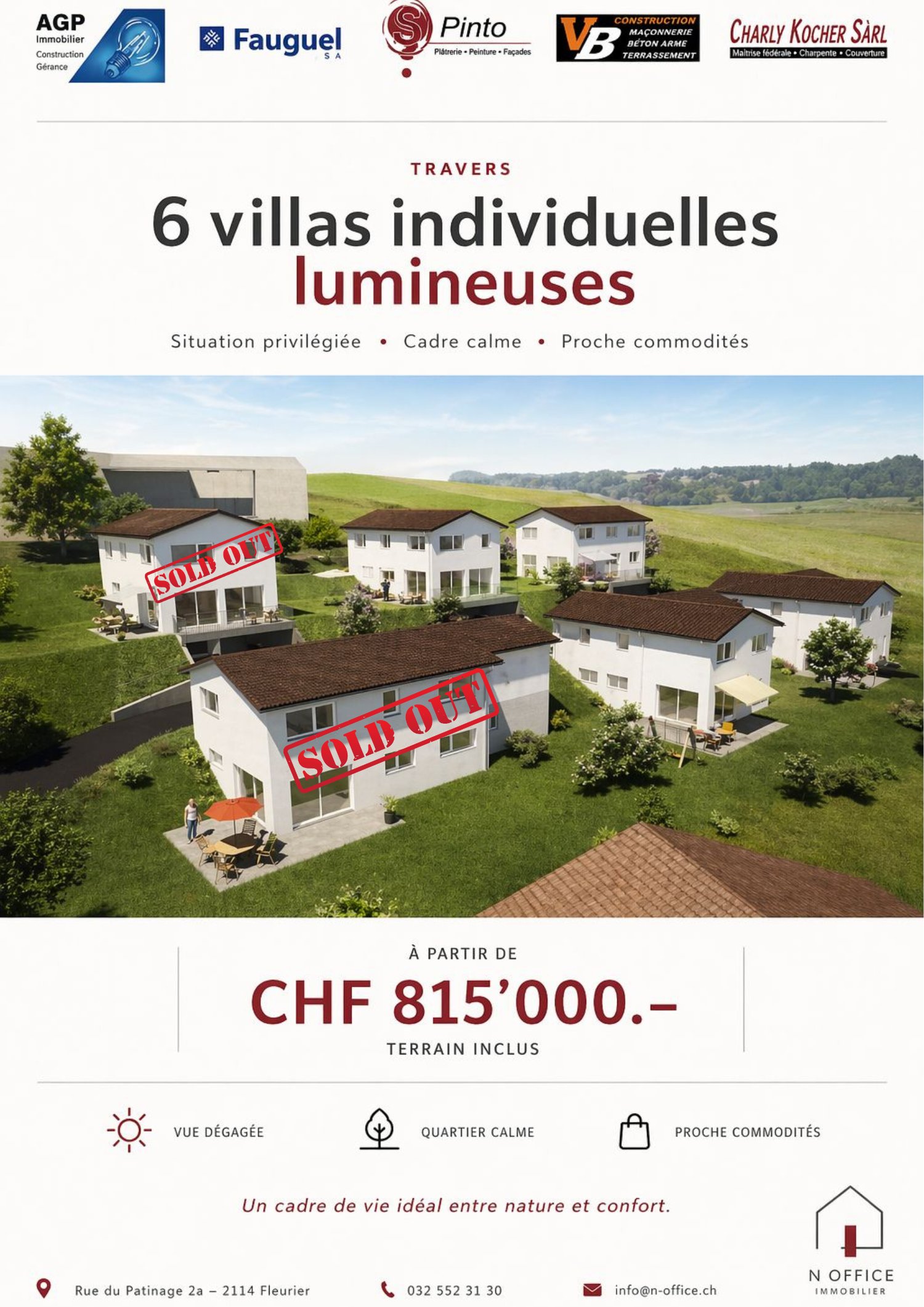 6 individual villas, sold out, situated in a calm area, close to amenities, with a privileged location, brown roofs, white walls, green surroundings, and a serene environment.