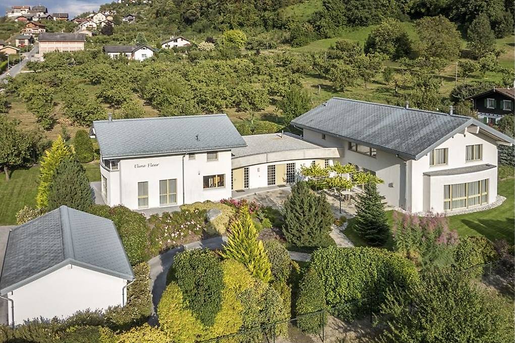Large villa with several sections, gray roof, surrounded by greenery, visible from a distance