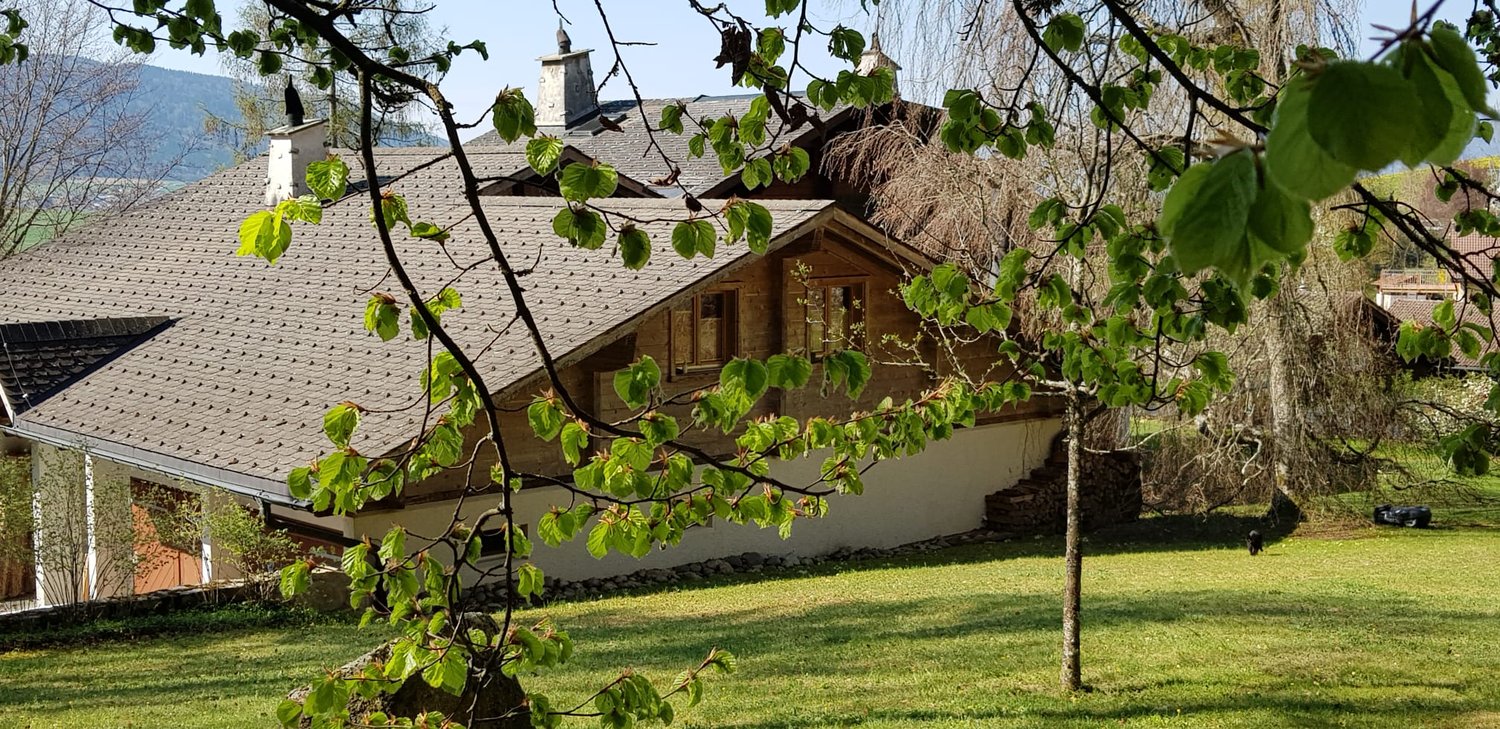 Detached house with wood exterior, grey roof, garden in front