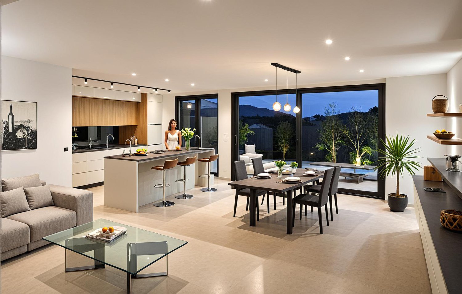 modern design, island countertop, built-in appliances, large windows, dining area, sitting area, modern flooring, pendant lighting