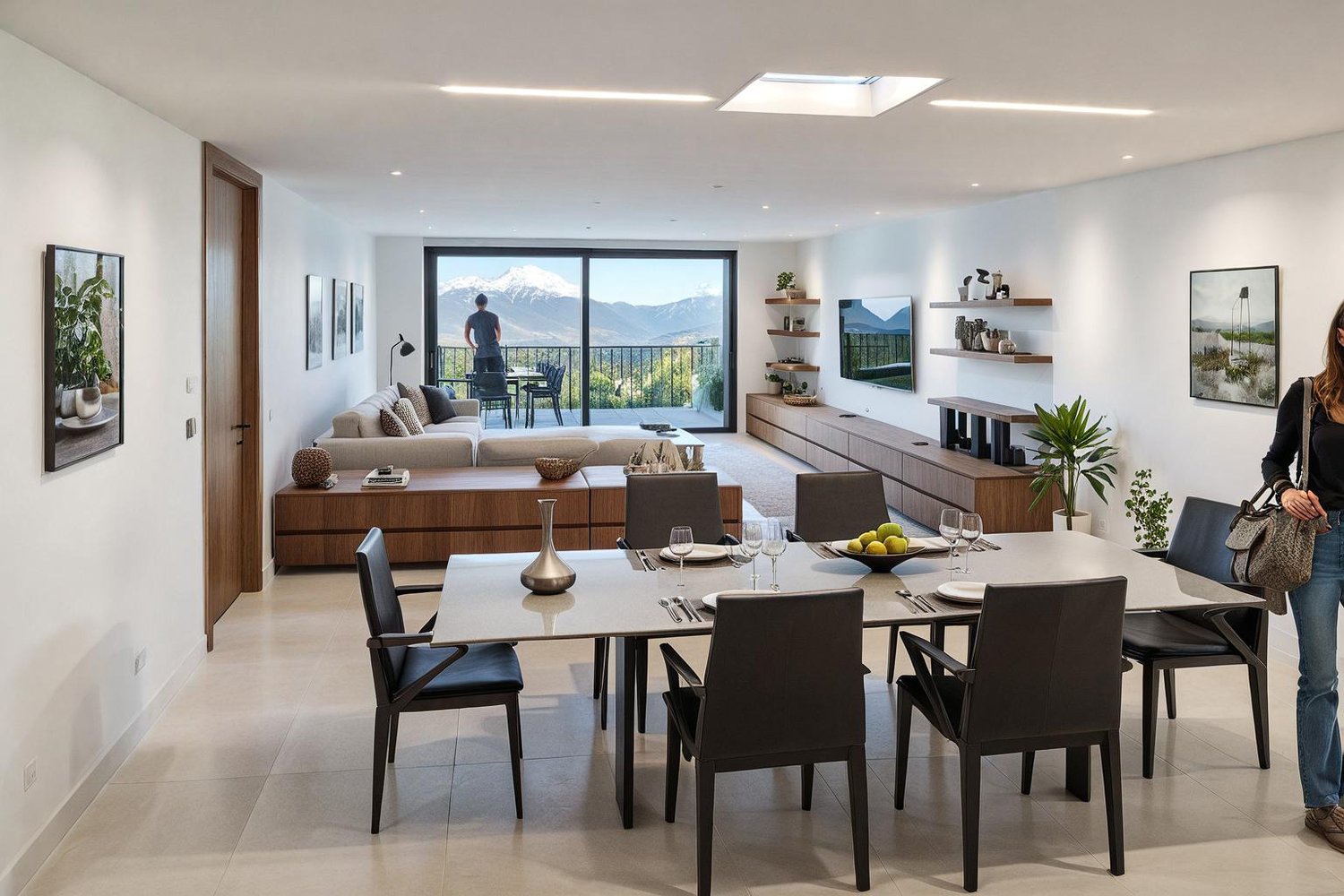 Dining room with dining table and chairs, white walls, balcony, living room with couch and coffee table, glass doors to the balcony, mountain view, pictures on the wall