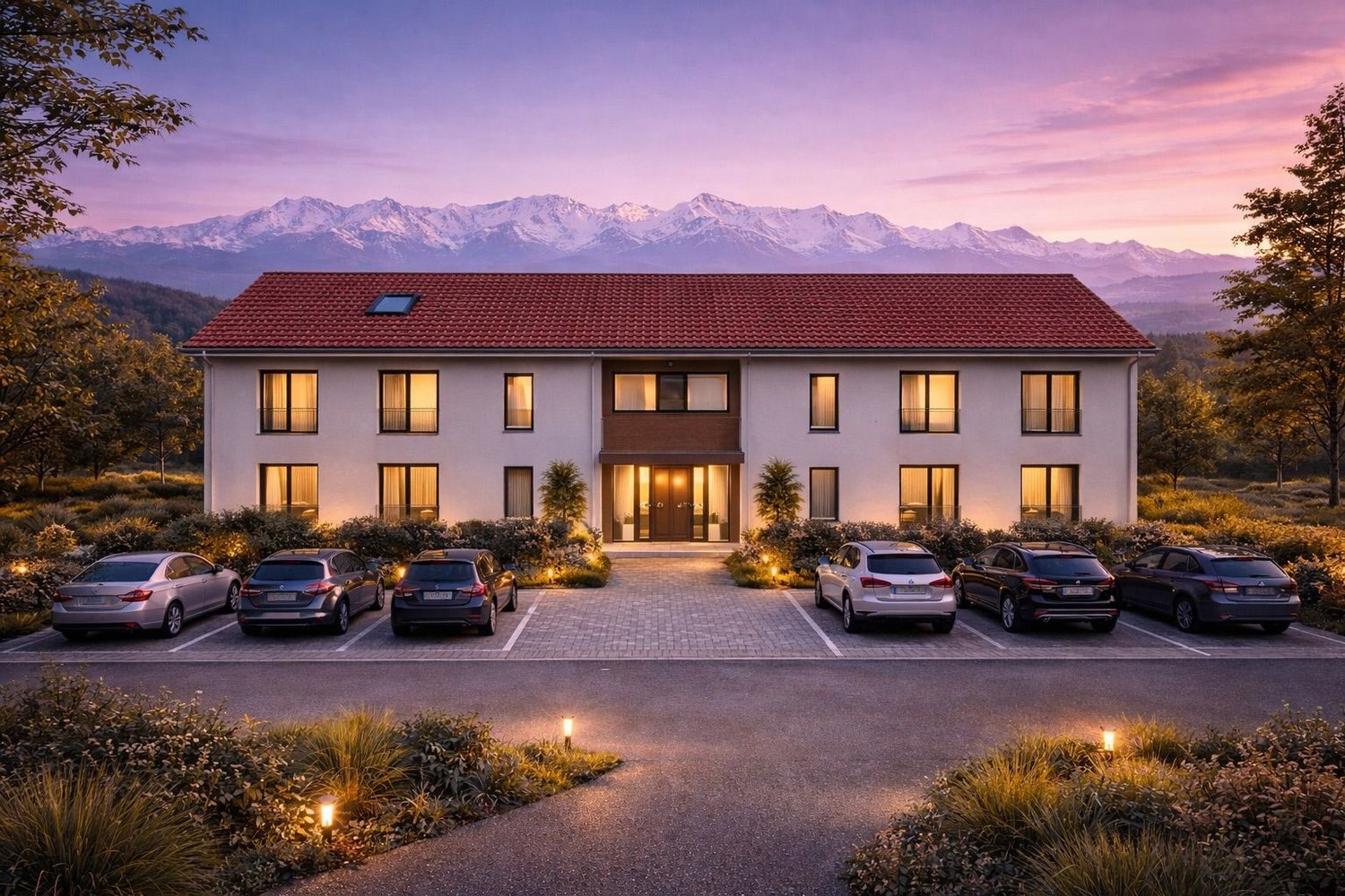 Two-story house, white exterior with red tiled roof, several cars parked in front, large windows, surrounded by greenery and mountain view