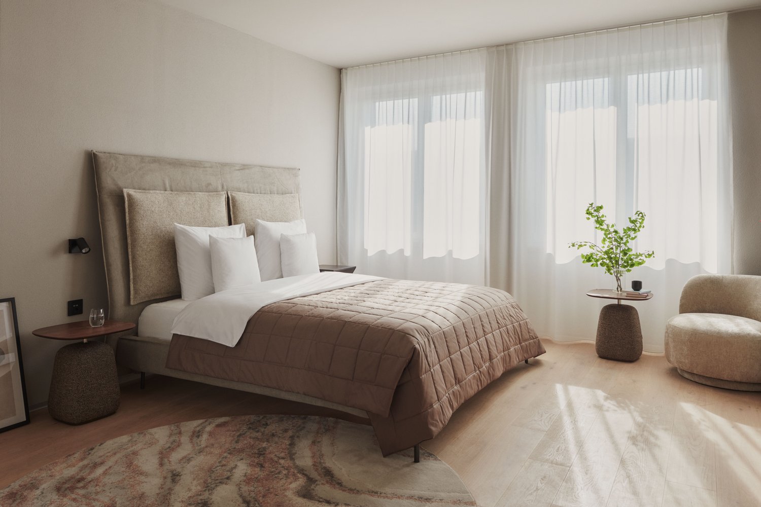 Spacious bedroom with large windows, neutral color scheme, plush bedding, side tables, and a potted plant for decor.