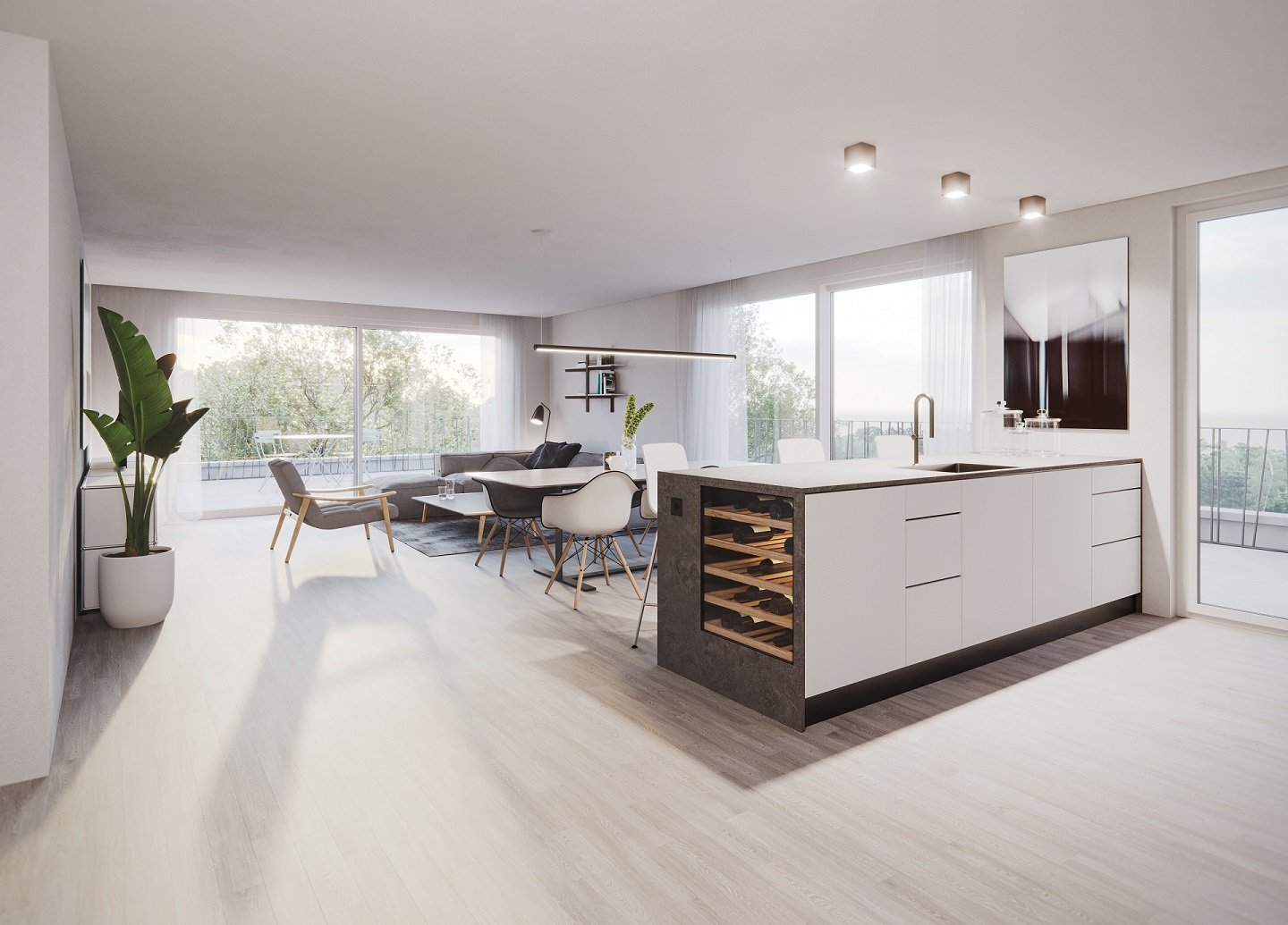 Open kitchen, modern design, white cabinets, wooden wine rack, stainless steel sink, sliding glass door, balcony, bright windows, contemporary furnishings, large windows, warm lighting