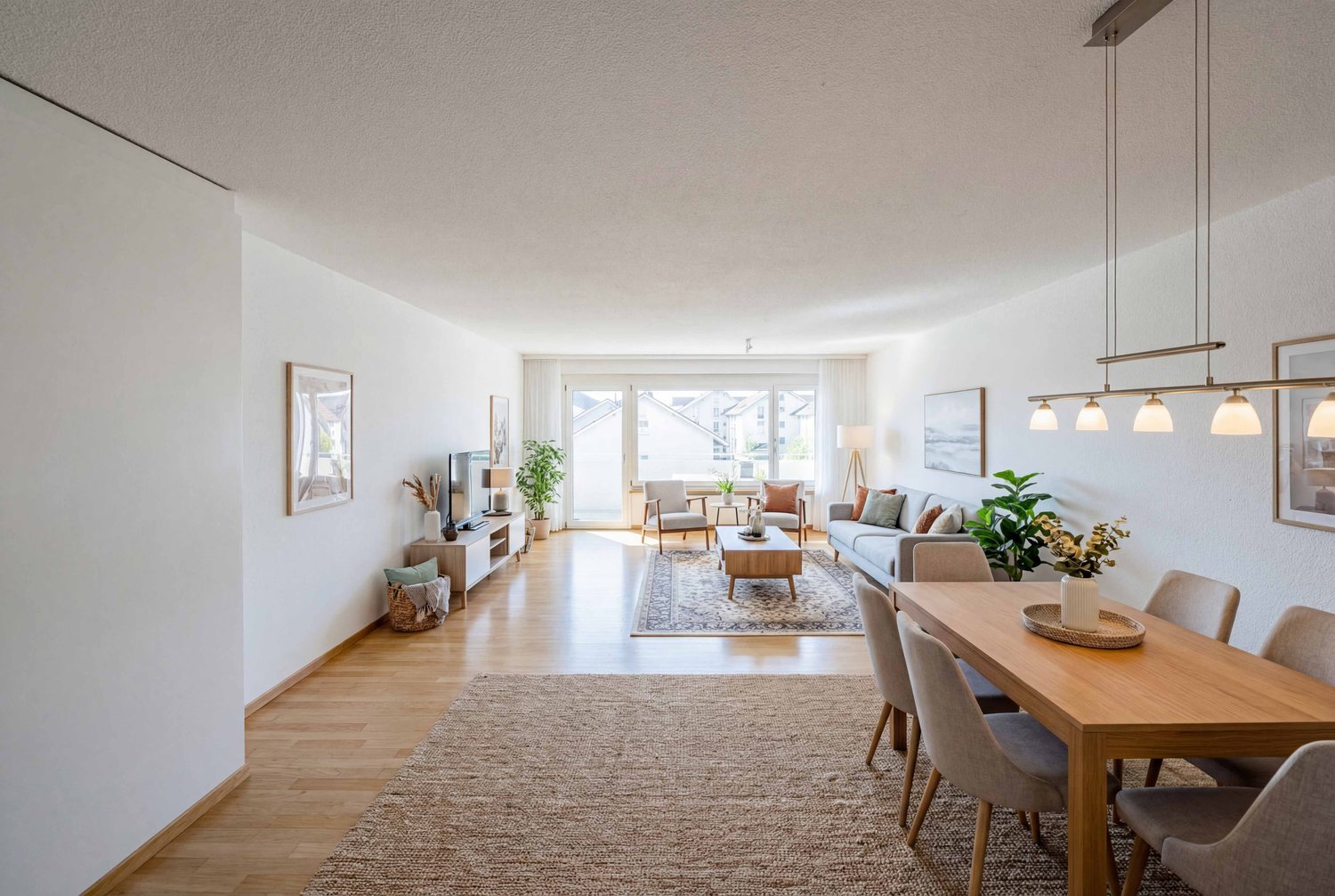 Dining room with wooden table, chairs, and a rug. Living room with couch, coffee table, and a rug. TV on a cabinet. Potted plants and picture frames on the wall.