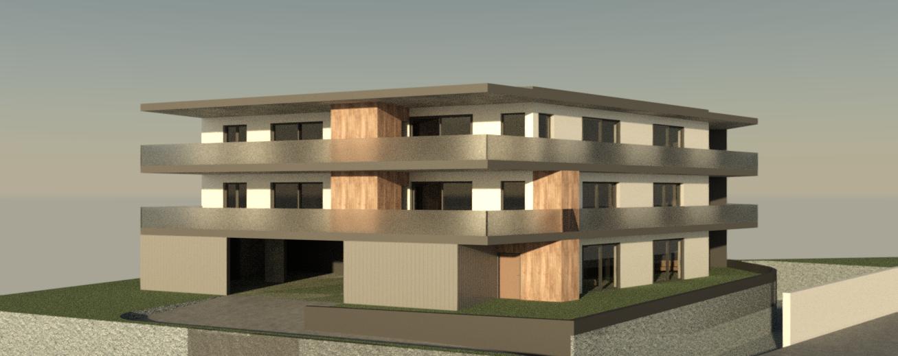 3-story apartment building with a modern, minimalist design. The building has a rectangular shape with a flat roof and large windows. The exterior features a combination of concrete, wood, and glass materials. There is a garage and parking spaces visible