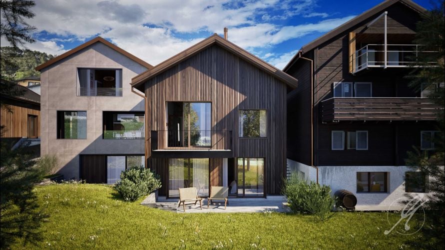 modern architecture, wooden panels, large windows, balcony, grassy yard, sitting area