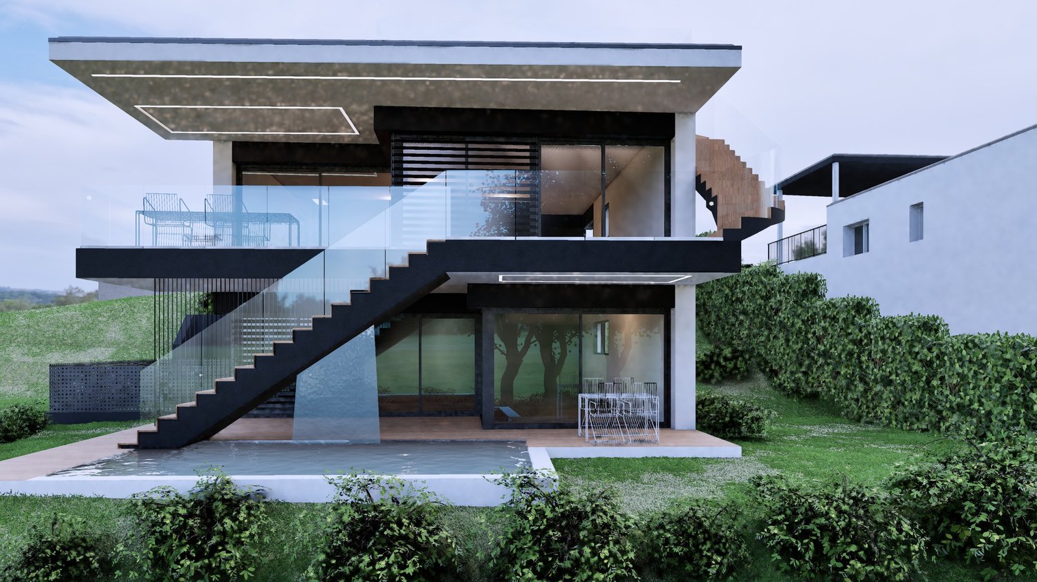 modern design house, 2 floors, raised ground floor, balcony, staircase