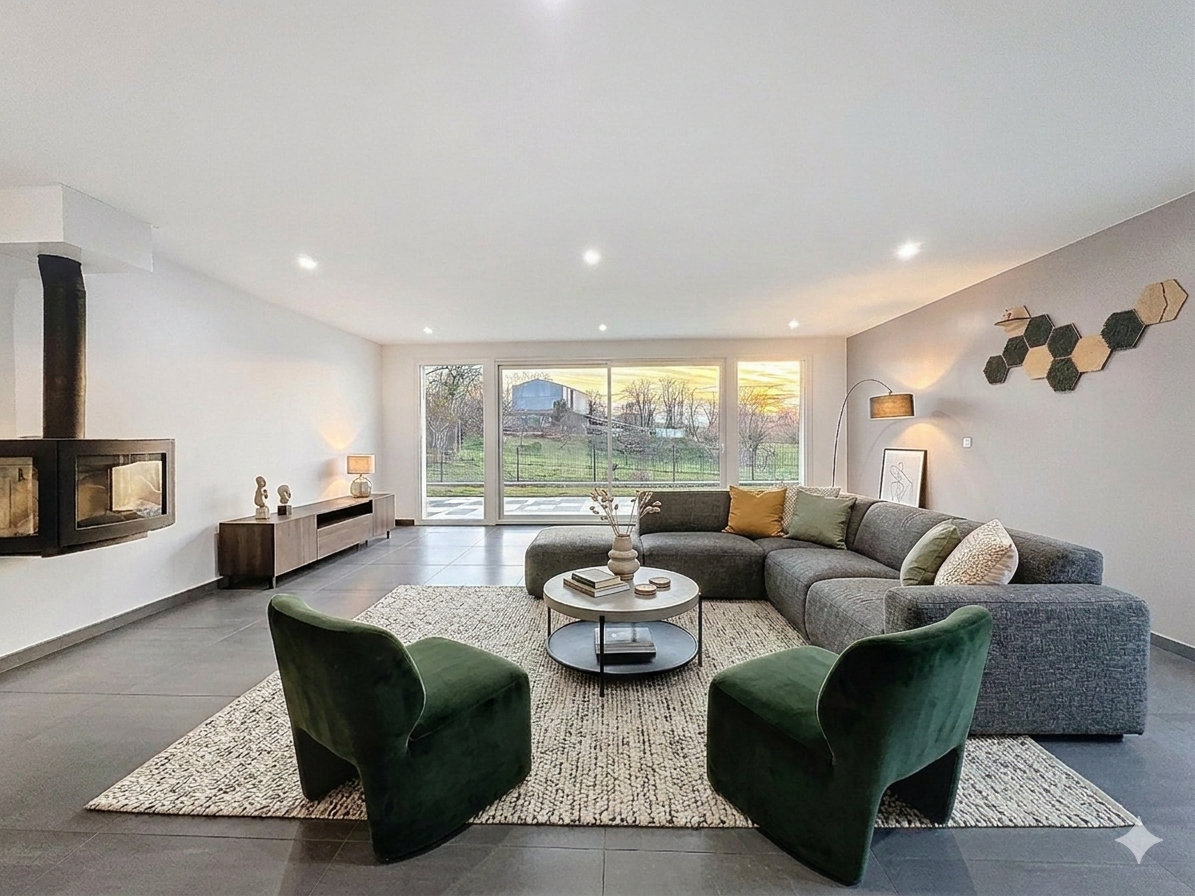 modern living room with fireplace, large windows, gray sofa, coffee table, green chairs, rug, wooden cabinet, lamp