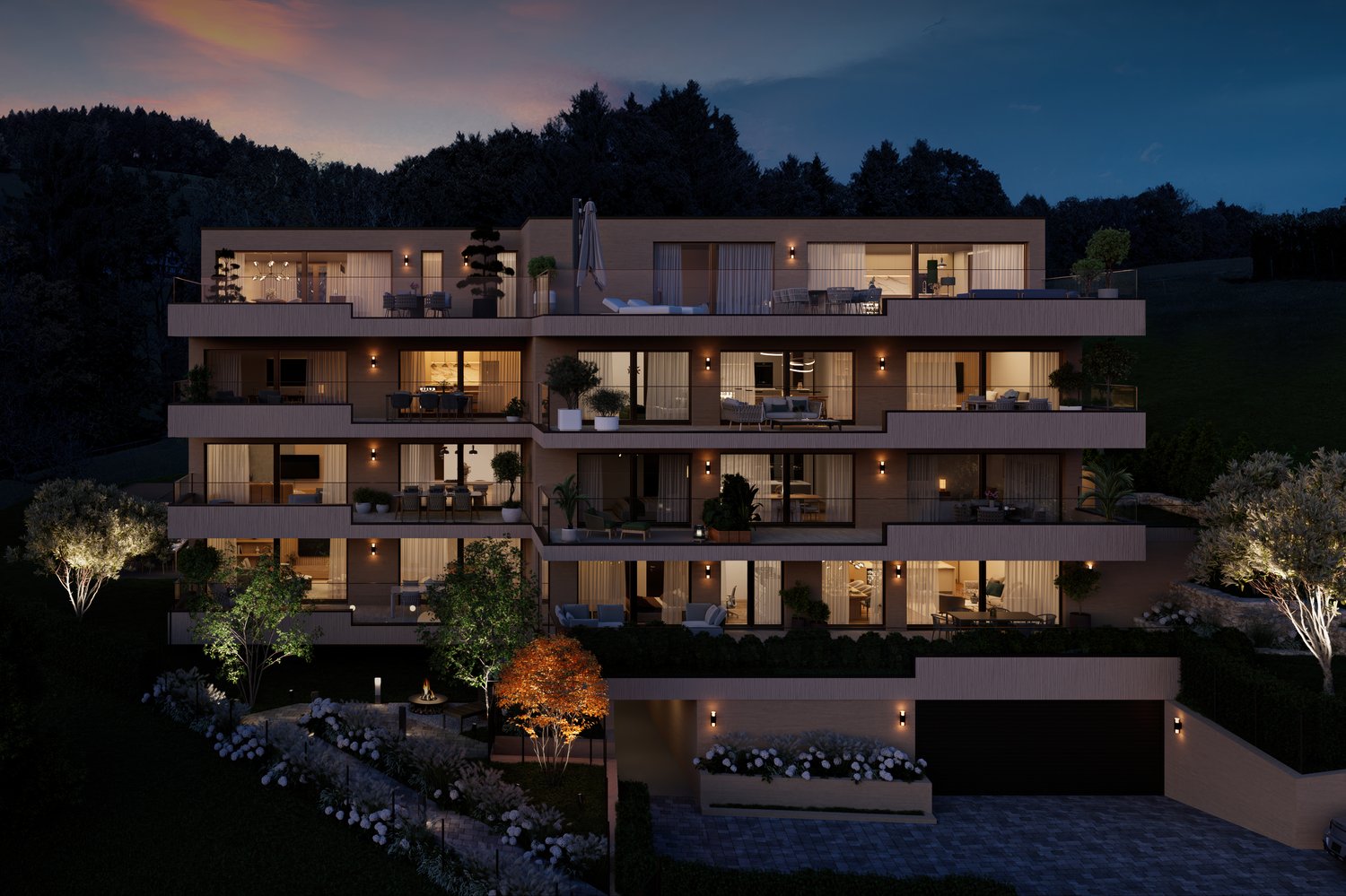 four story building, balconies on each floor, fireplace, garden, fire pit, trees