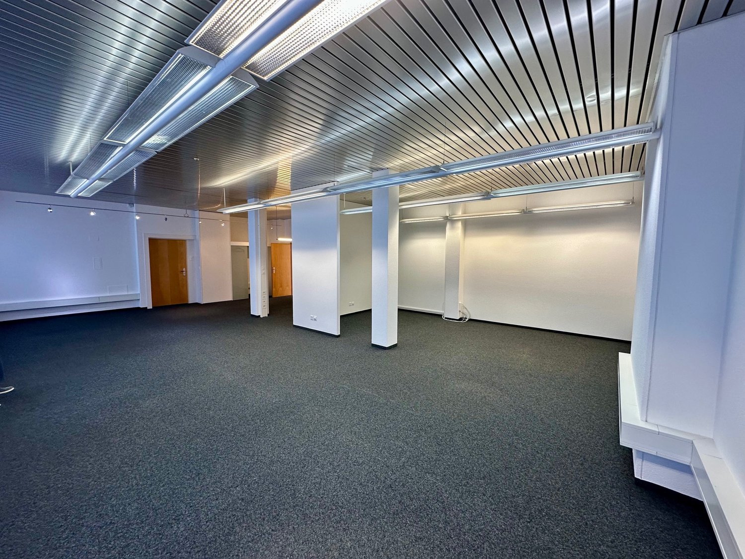 empty room, white walls, gray carpet, metal ceiling, wooden doors