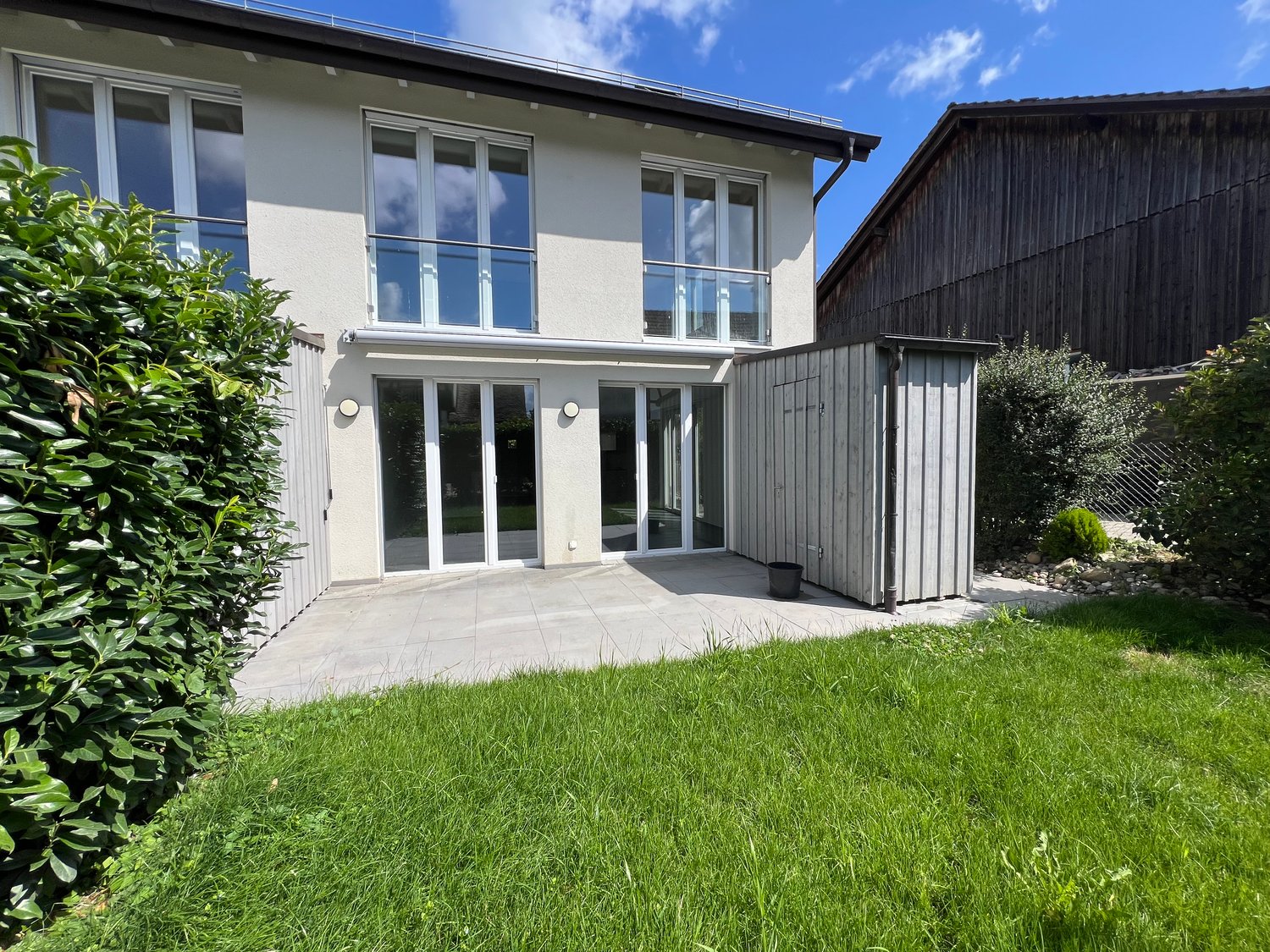 white house, glass doors, glass windows, balcony, garden, wooden shed