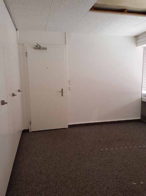 Small, rectangular room with two white doors, empty carpet floor, and white walls with visible lighting switches.