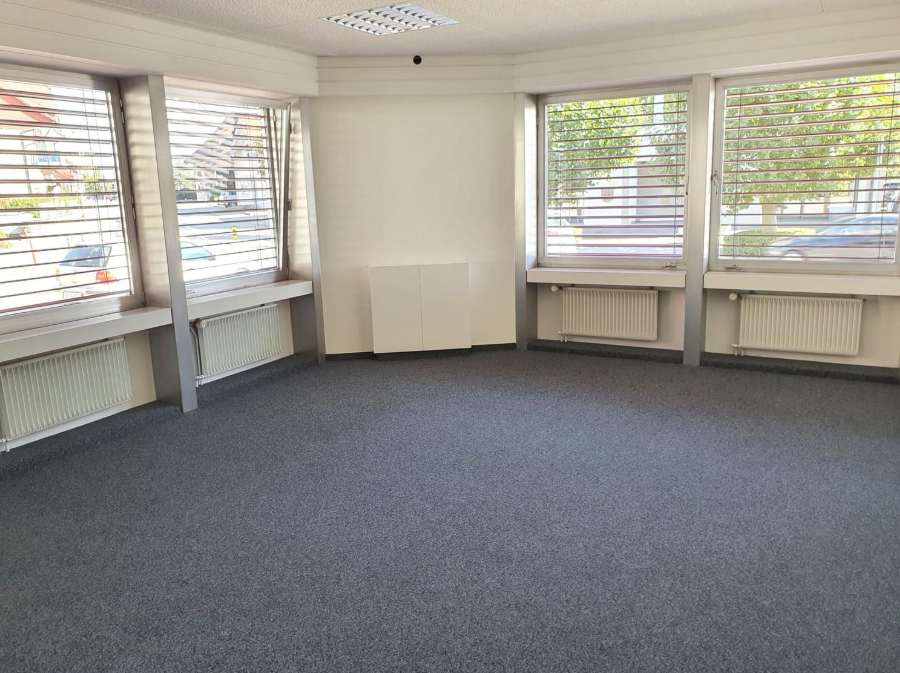 Empty room with three windows, grey carpet, radiators, ceiling lights