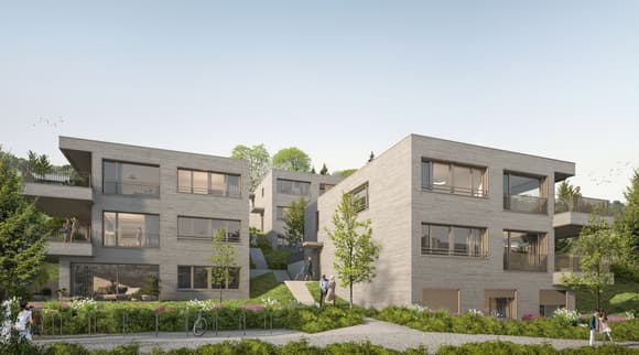 Modern apartment building, concrete exterior, large windows, balconies, landscaped garden, walking path