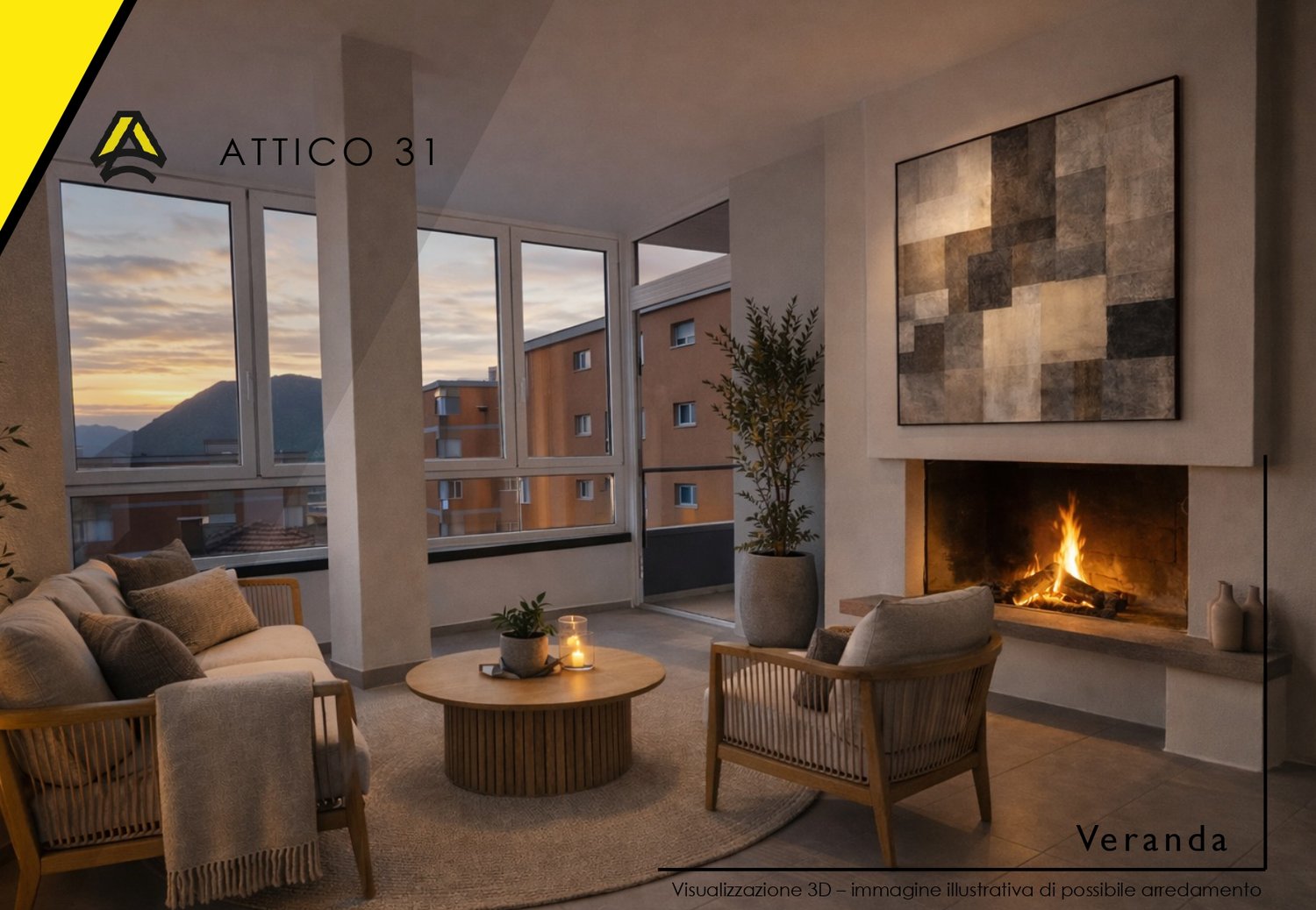 A modern furnished room with a fireplace, a sofa, a chair, a coffee table, a plant, a rug, and a painting. The room has a view of the outside.