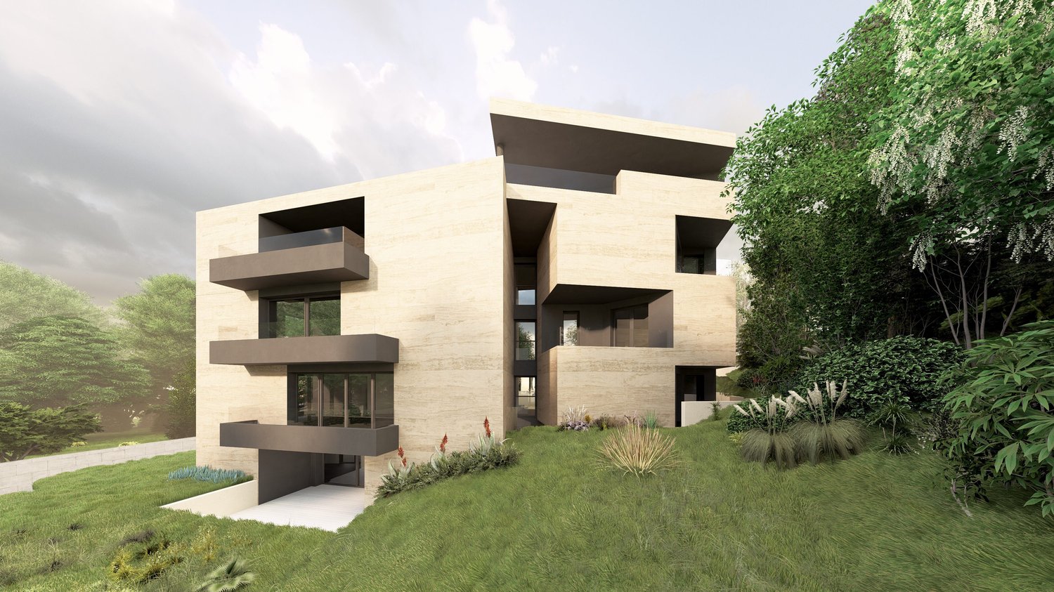 Modern house, beige stone, multiple levels, large windows, balconies, surrounded by greenery