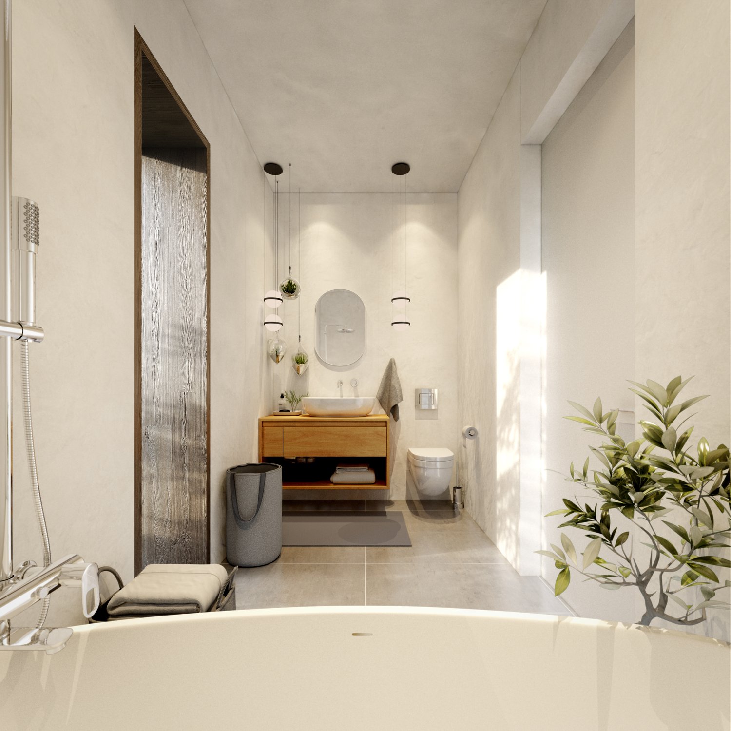 Bathroom with large bathtub, wooden vanity, toilet, mirror, modern lighting, and plant