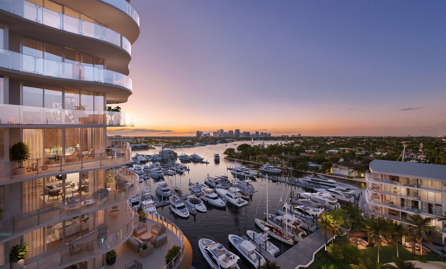 High-rise building with glass balconies, overlooking a marina with many boats and yachts, city skyline in the distance