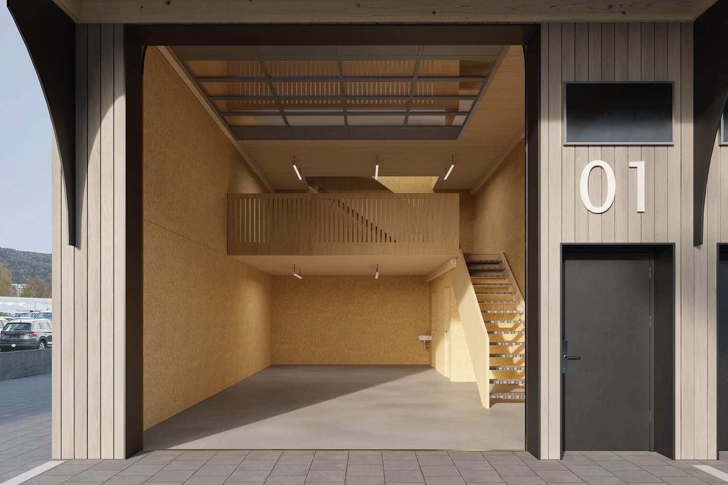 Exterior view of a building with a raised ground floor, wooden walls, and a staircase leading to the upper floor.