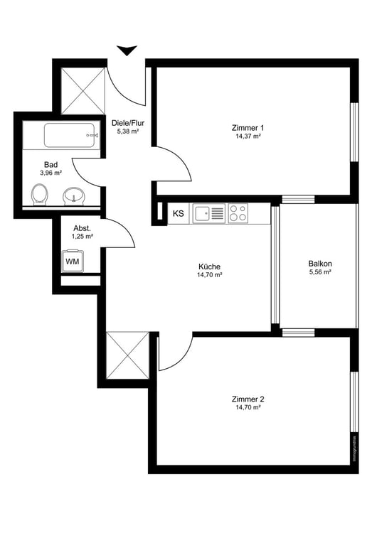 IMMORath.de - Gepflegte 2-Zimmer-Wohnung mit Balkon und Einbauküche in 11