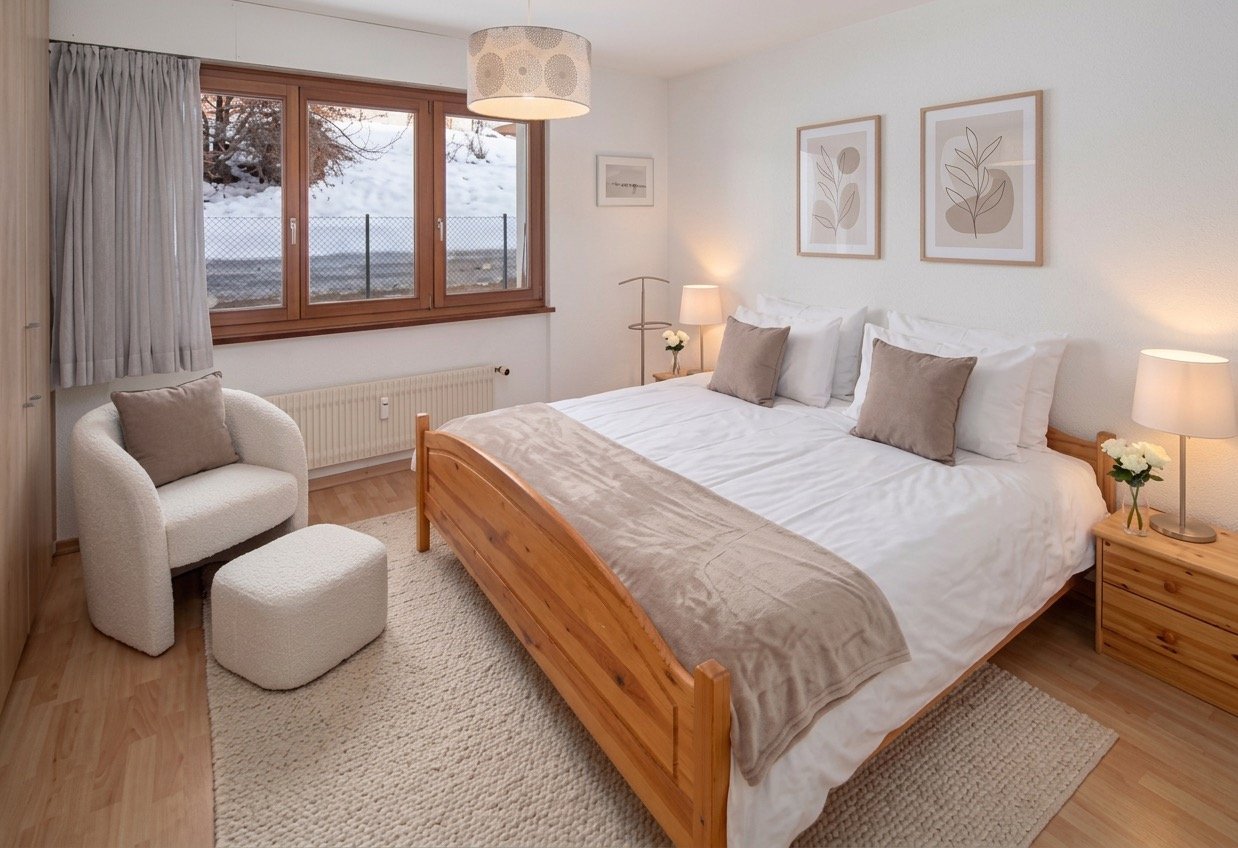 Bedroom with wooden bed, white bedding, wooden nightstands, white chair, white ottoman, white rug, white walls, large window with curtains, radiator, lamps, framed pictures, flowers