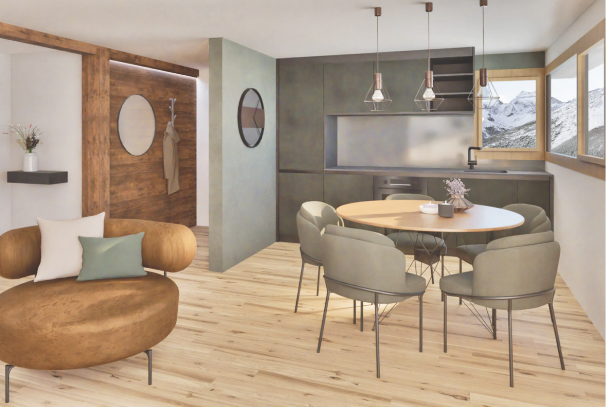New 2.5-room apartment in one of the oldest hamlets, Hohnegg, above Saas-Fee. Sporty access from the village center, Lomatte, or Wildi. Can be reached by e-bike all year round.