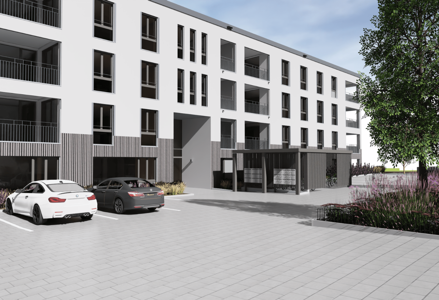 modern multi-story apartment building, white walls, glass windows, balconies, parking area
