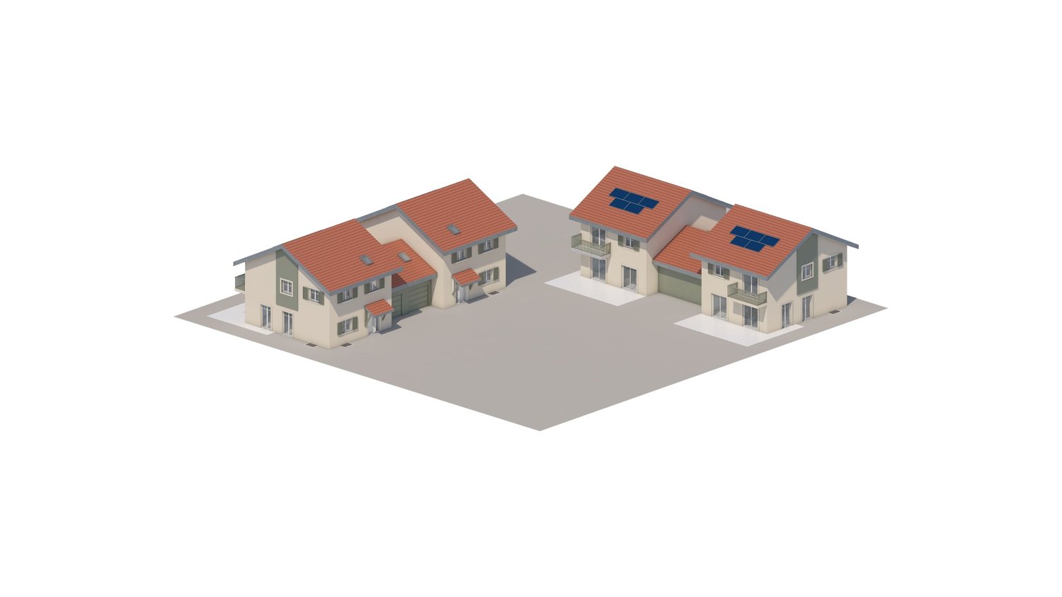 Two houses, each with a garage, red roofs, solar panels on the roof