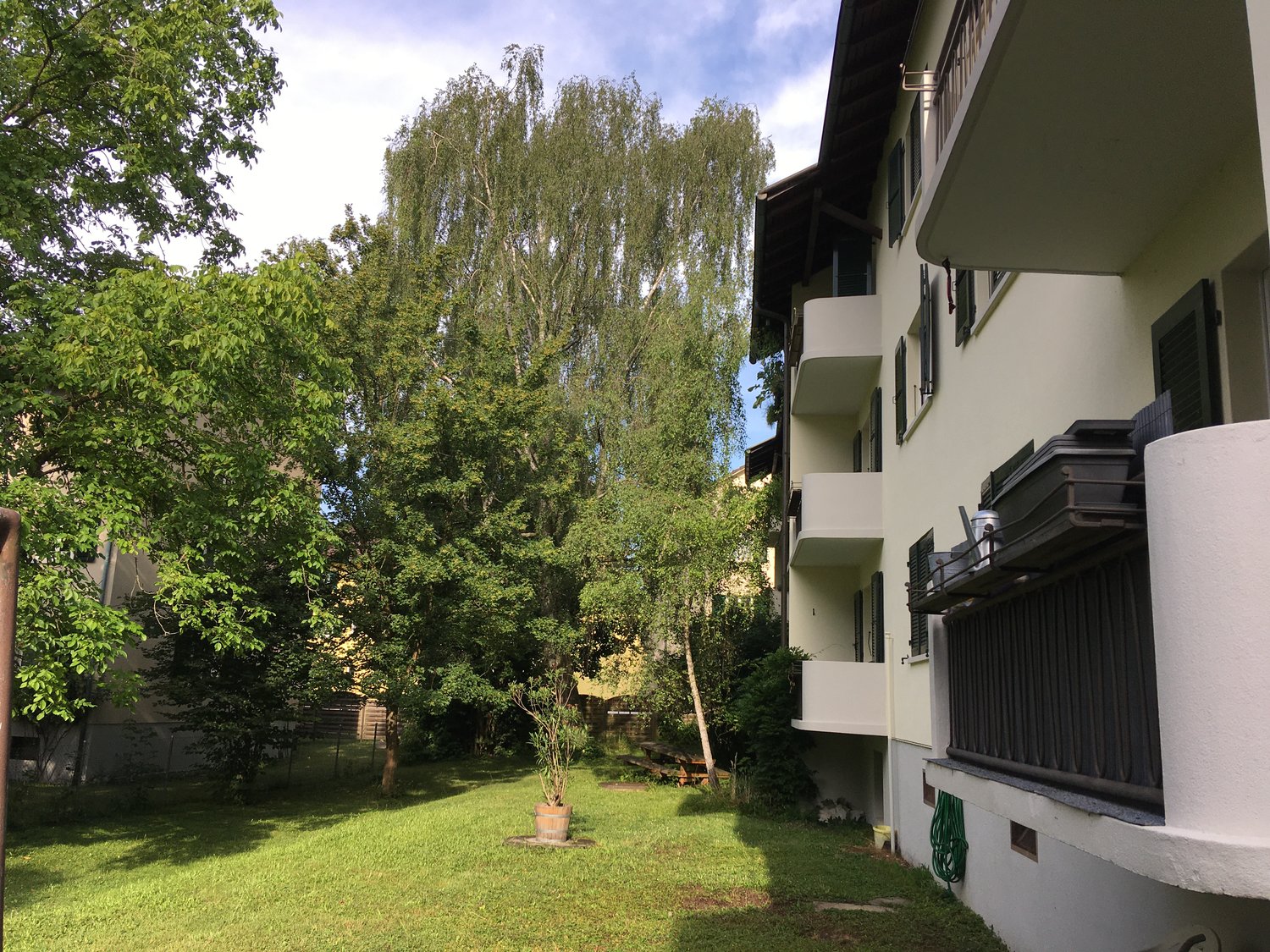 Building with balconies, grassy lawn, several trees, wooden bench, metal railings