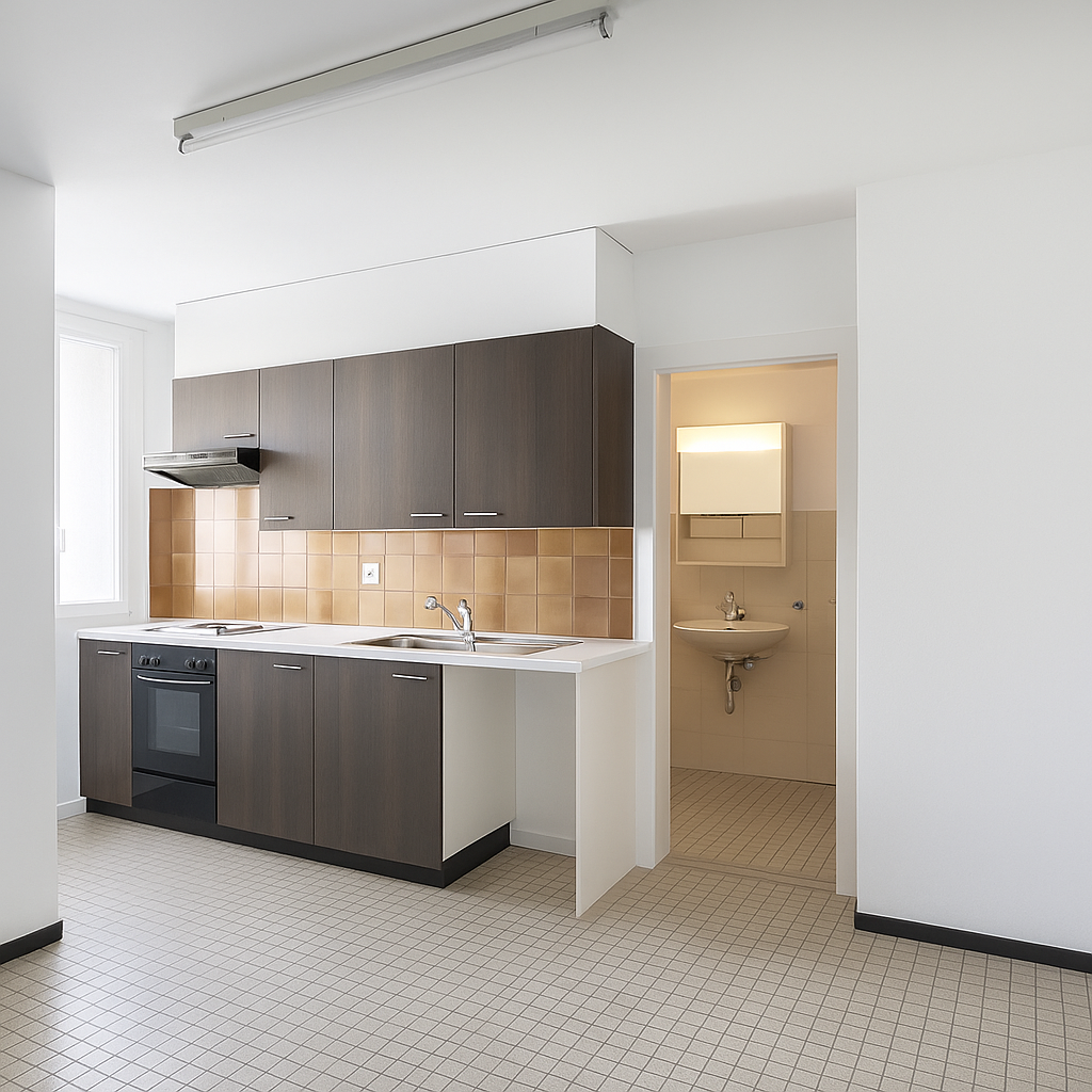 The room is empty with a tiled floor, wooden cabinets, white countertops, kitchen sink, faucet, range hood, stove, and a small bathroom with a sink and toilet.