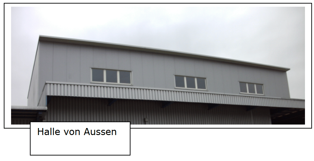 industrial building, gray exterior, three windows, overhanging roof