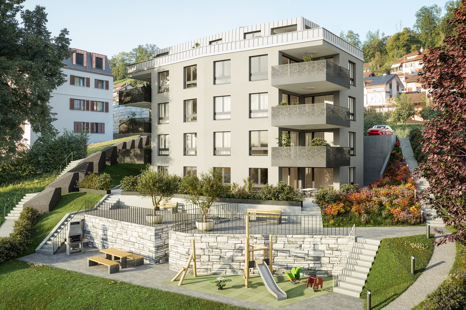 4-story modern apartment building with balconies, stone facade, and landscaped outdoor area with play equipment and seating.
