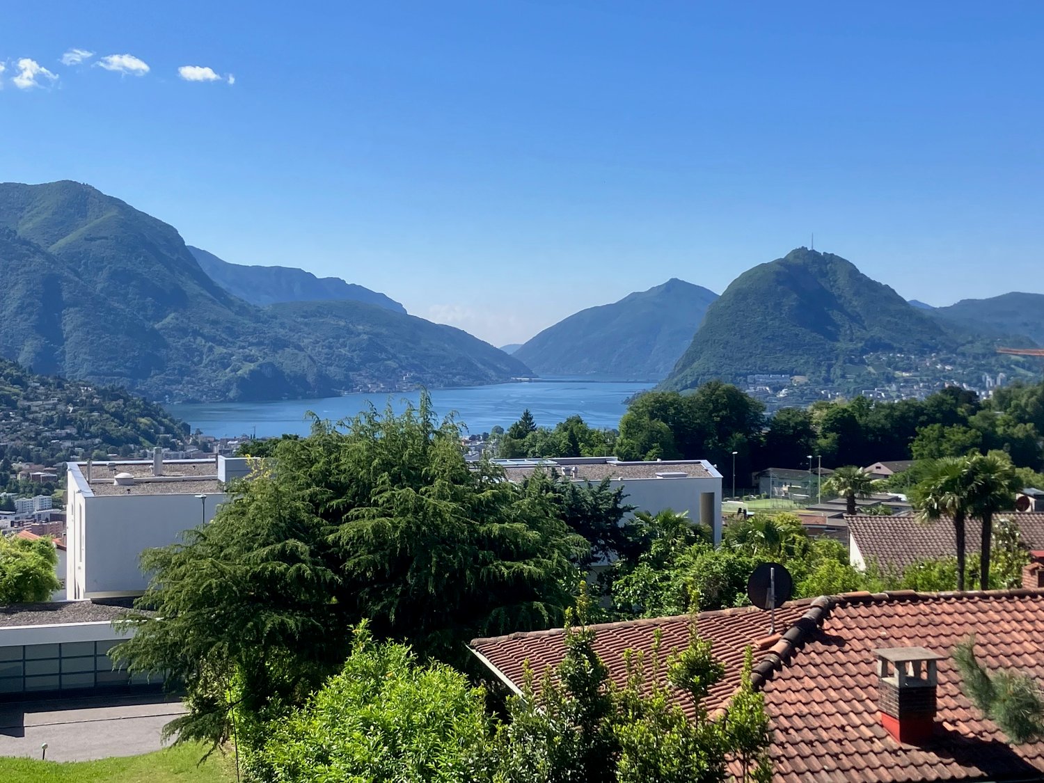 View of mountains, lake and city
