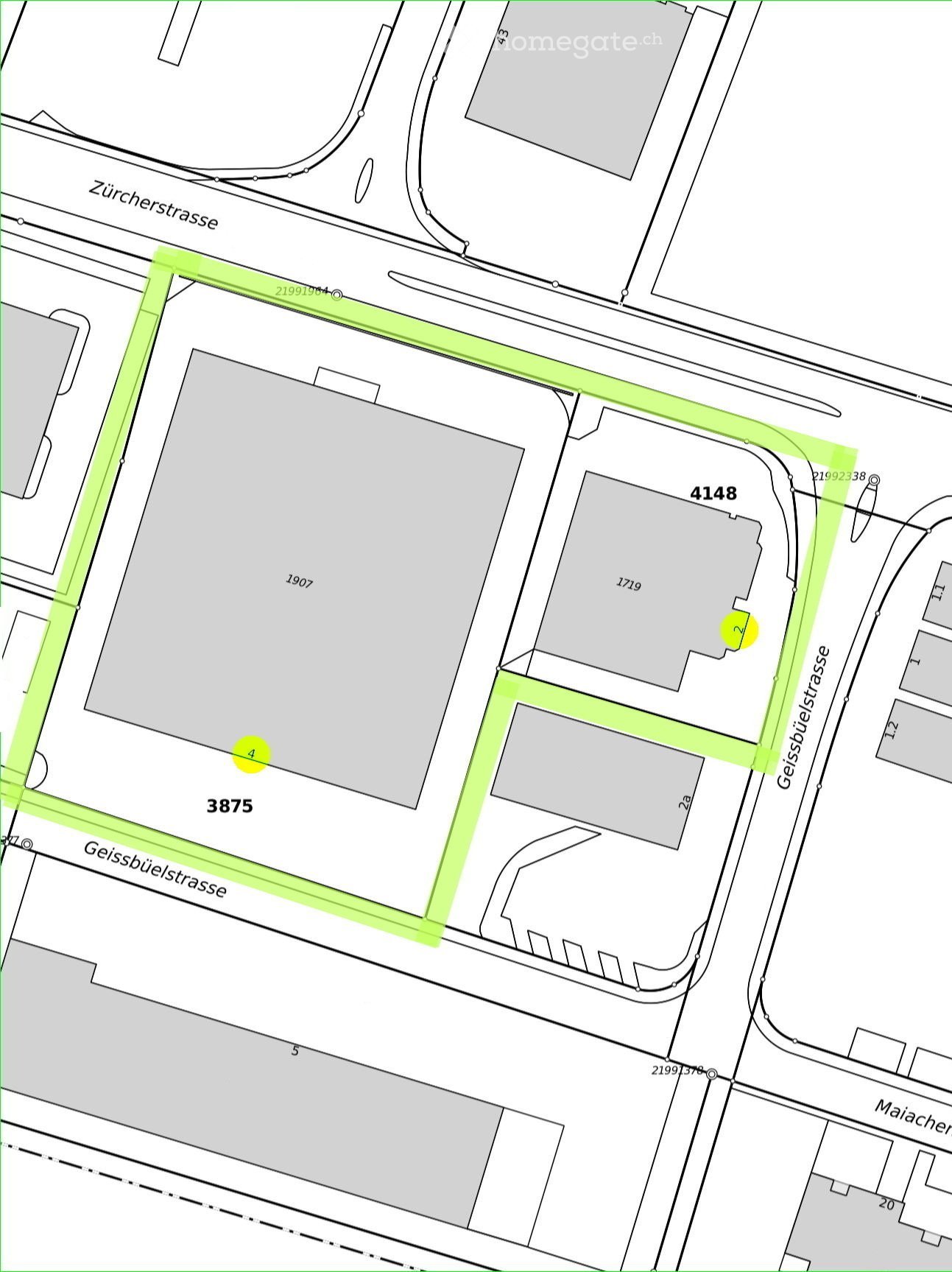 The image shows a floor plan or map of a residential area. It includes several buildings and properties, with the main streets labeled as 'Zurcherstrasse' and 'Geissbutelstrasse'. The properties are numbered, with the numbers 3875, 4148, and 1719 visible.