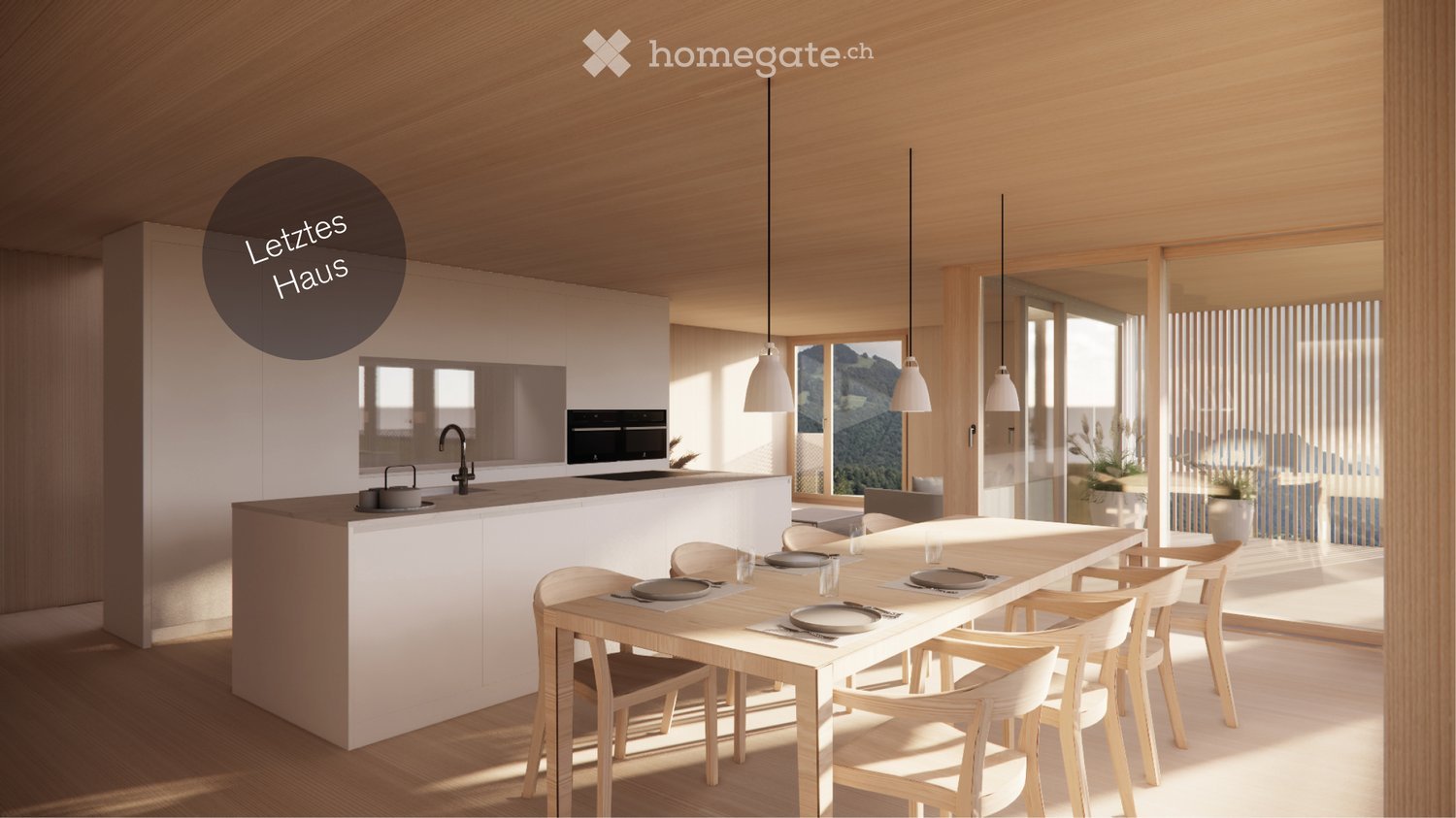 modern kitchen with dining area, island, white cabinets, wooden table, chairs, hanging lamps, sliding glass doors, balcony