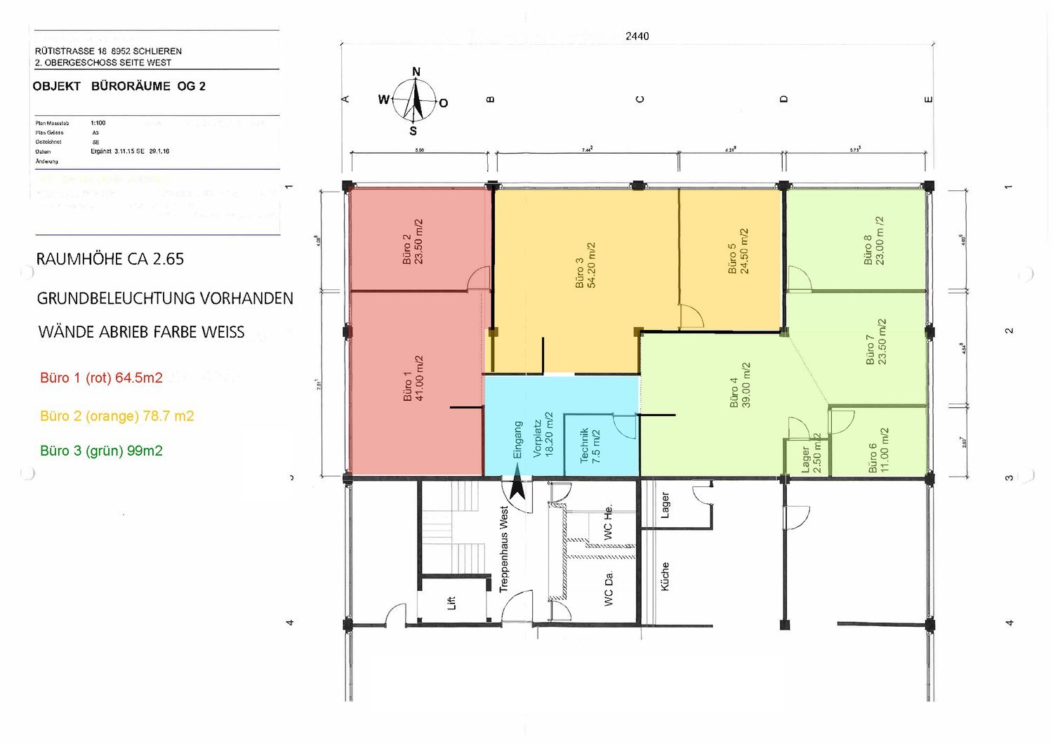 Floor plan of three office rooms and shared areas, including entrance, WC, kitchen, and storage. Dimensions and layout provided.