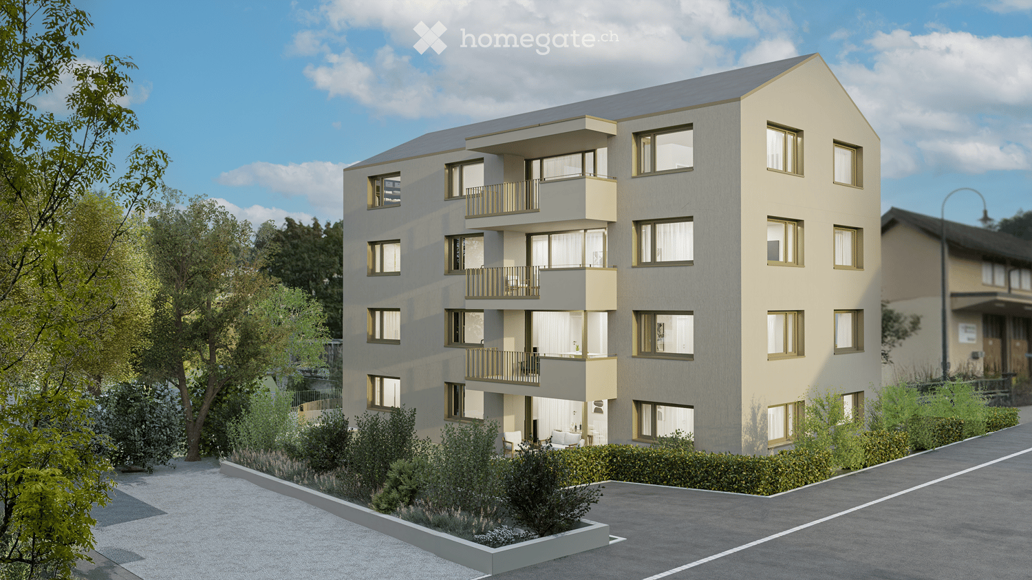 5 story building, multiple balconies, modern design, windows with white curtains