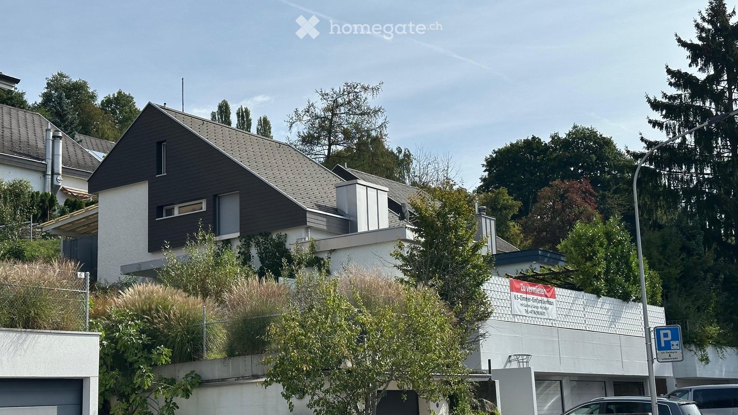 2 story house with pitched roof, surrounded by plants, with garage visible on the left side