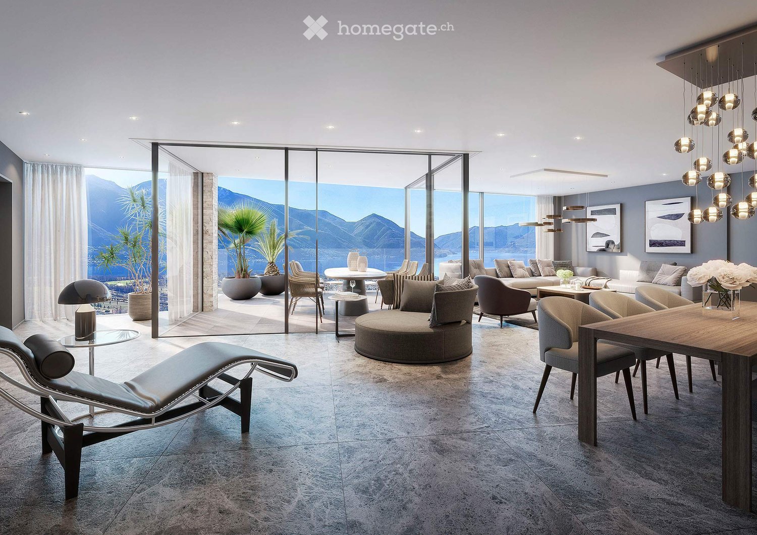 modern living room, large windows, glass door to terrace, modern furniture, view of the mountains and the sea