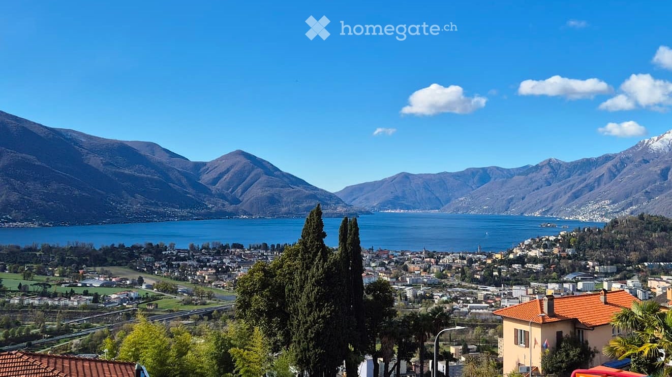 panoramic view of mountains, lake, and town
