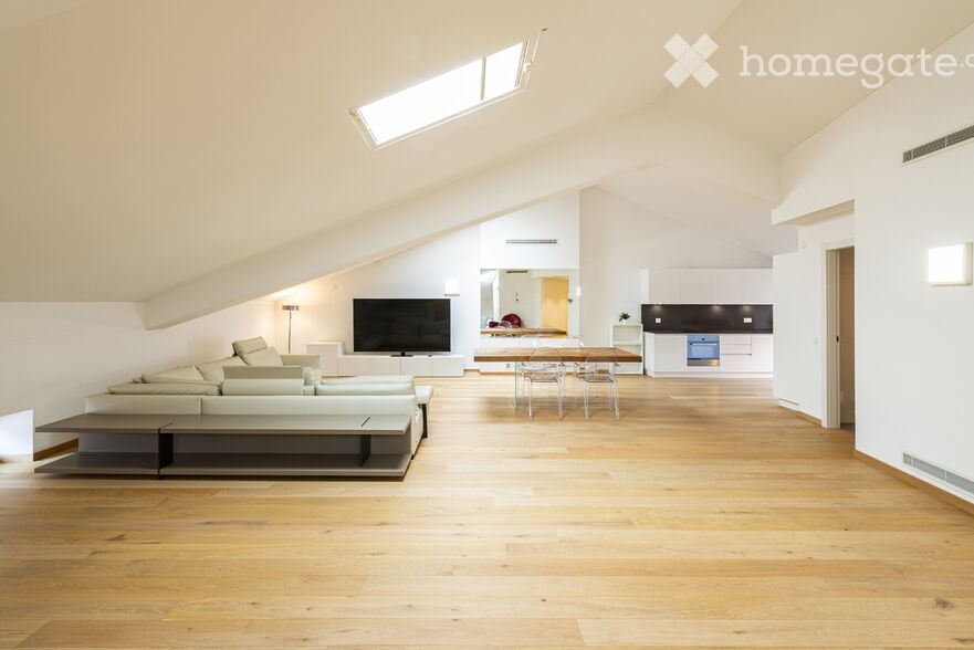 Large open space with hardwood floors, skylights, a sofa, dining table, a television, and a kitchen area