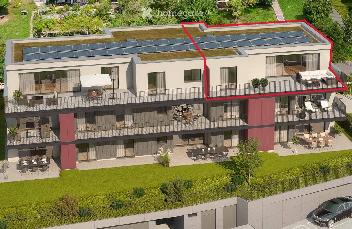 multi-story residential building, multiple balconies, green rooftops with solar panels, terrace, swimming pool in yard