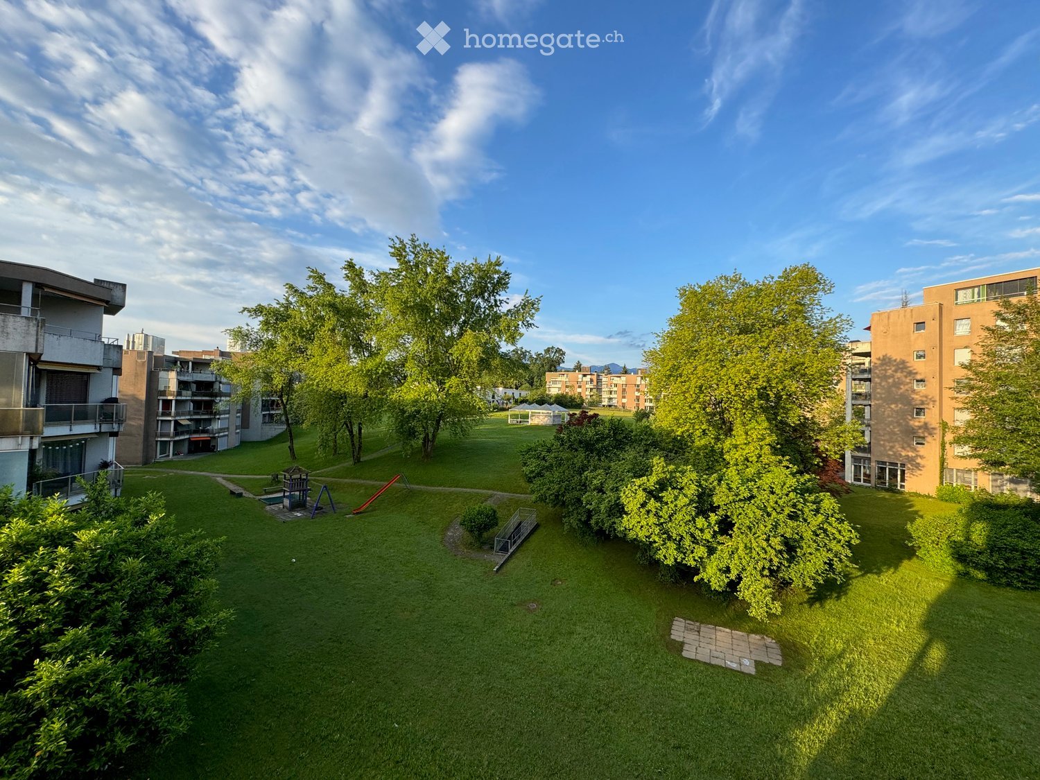 large grassy area, several trees, buildings in the background, children's playground, clear sky
