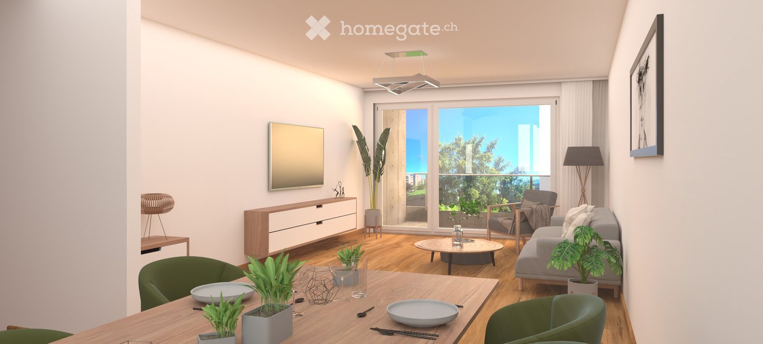 Modern living and dining area with large windows offering a scenic view, featuring a sofa, coffee table, dining table, chairs, lamp, mirror, and potted plants.