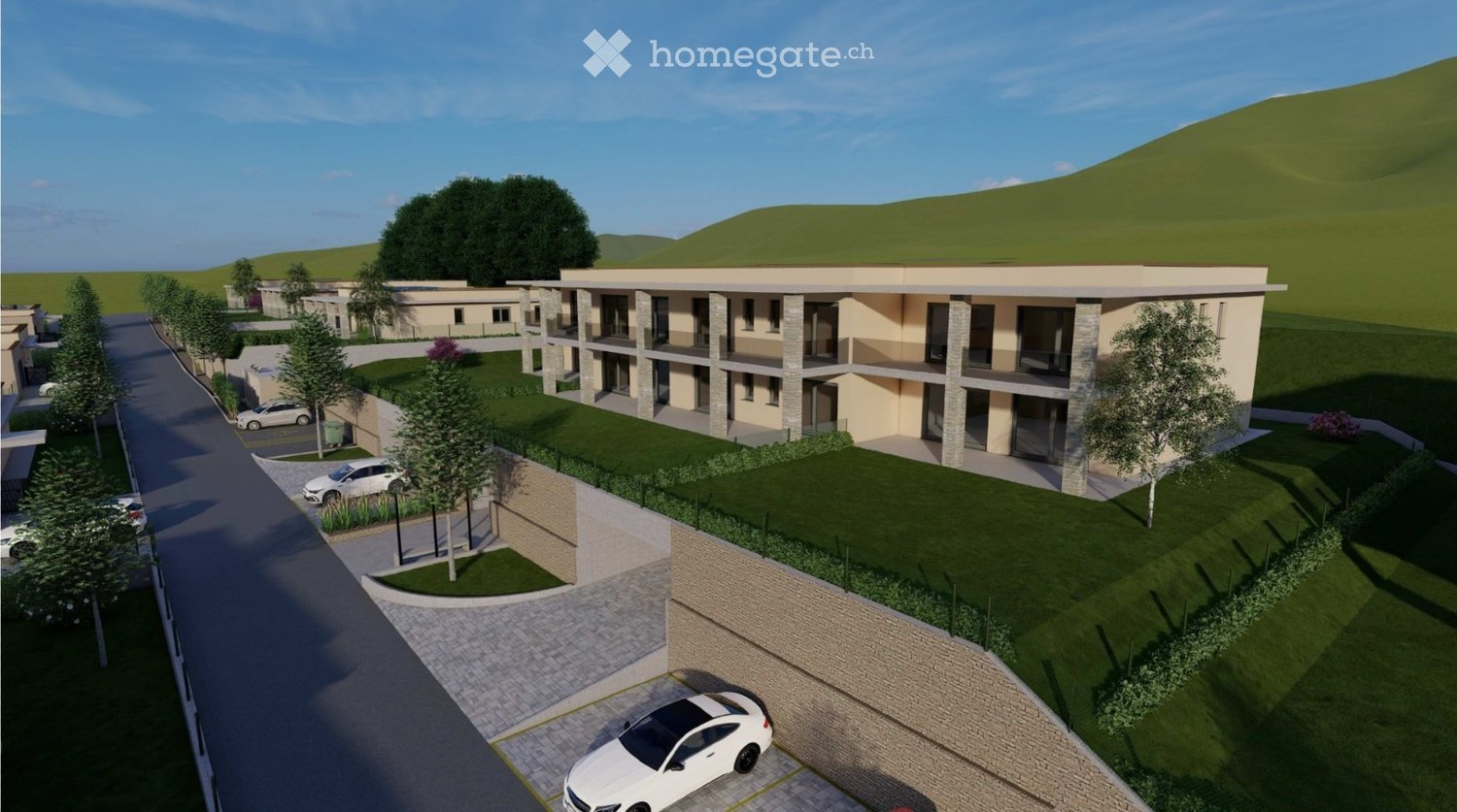 3 story residential buildings, balconies, parking area, greenery